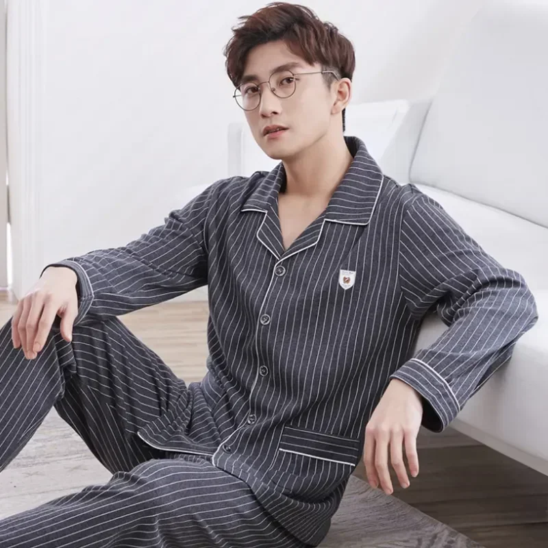 Pants Sets Cotton Male For Sleeve Sleepwear 2021 Short Striped Lounge Casual Pyjama Pajama Homewear Long Summer Wear Clothes Men