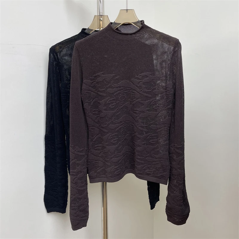 Spring New Women's round Neck Knitted EmbroideredLong Sleeve T-shirt High Quality Fashion Casual Elastic SlimFit See-through Top