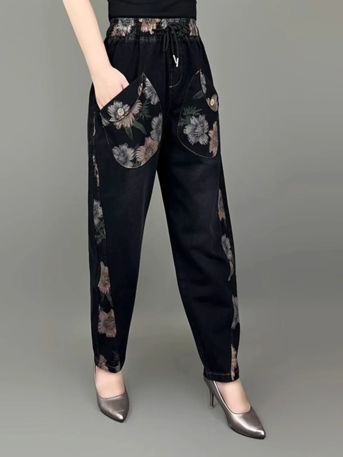 Loose Printed Denim Jeans for Middle-Aged And Elderly Women Spring Autumn New Ethnic Style Large Size Lantern Pants