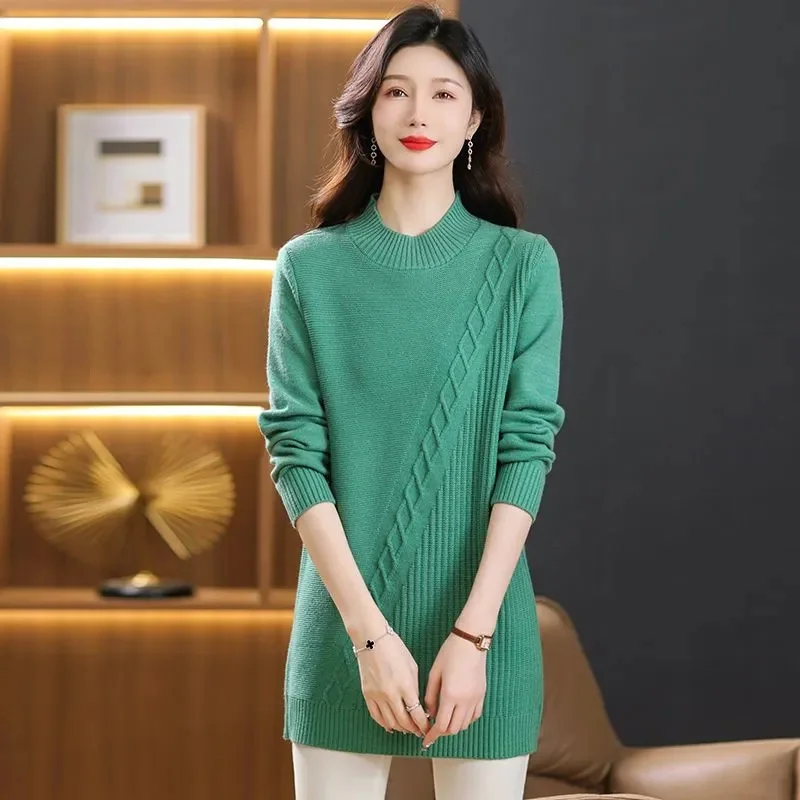 

Autumn Winter Women's Pullover Sweater 2026 New Solid Loose Mid Long Knitted Sweater Bottoming Shirt Female Loose Casual Top