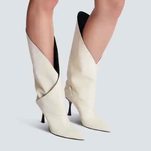 

Beige Black Solid Matte Leather Iregular Calf Pointed Toe Mid-calf Boots Women Fashion Tube Slip On Thin Heels High Top Boots