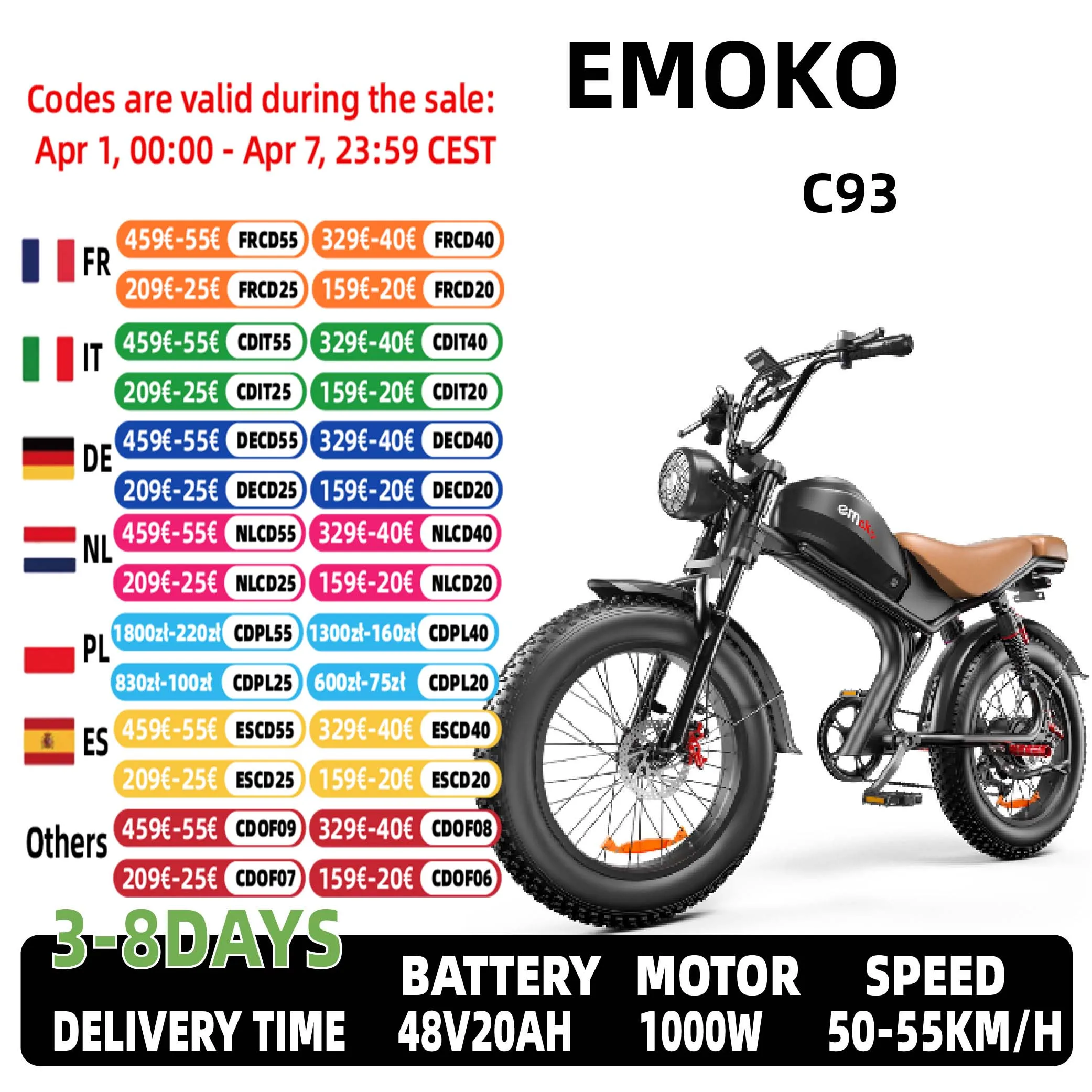 Vélo électrique Emoko C93, 1000W*2, double moteur, batterie 48V23AH, vélo électrique de montagne pour adultes, pneus larges de 20 pouces, moto électrique