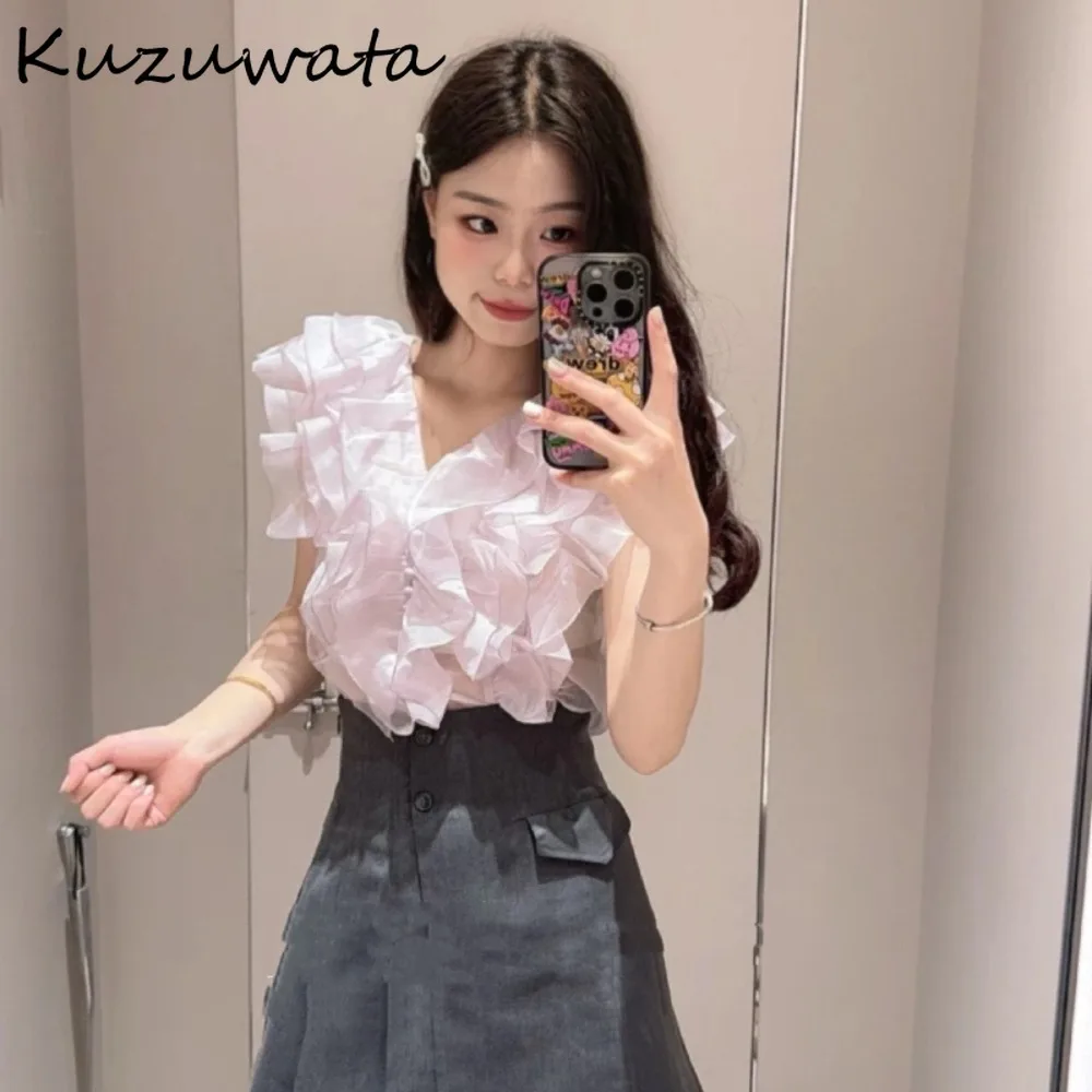 

Kuzuwata Pure Desire Mesh Casual Sweet Shirt Petal Sleeves Ruffled New Fungus Ruffles Blouses Japan Fairy All-match Elegant Tops