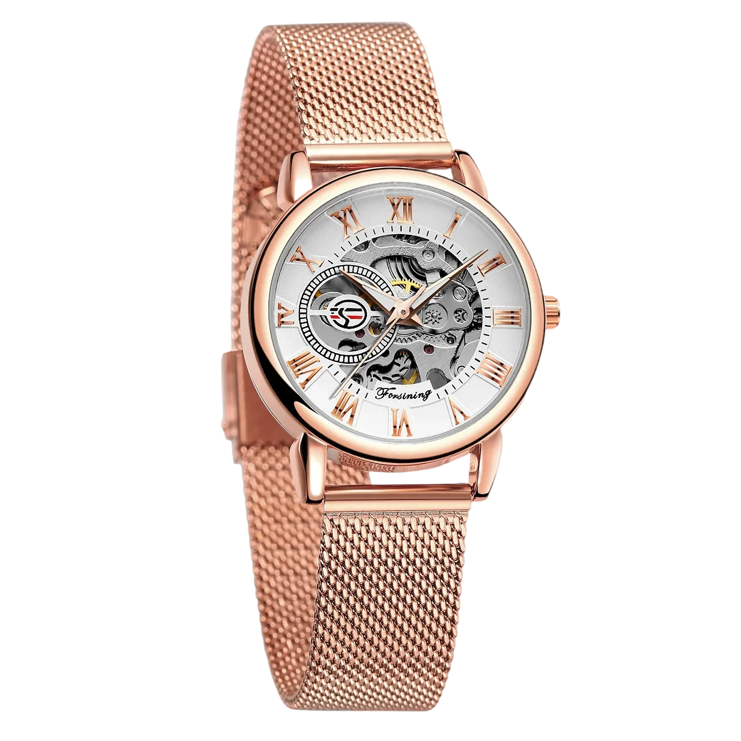 ساعات نسائية كلاسيكية أنيقة من FORSINING ساعات يد ميكانيكية ذات هيكل عظمي وأرقام رومانية وحزام شبكي ماركة فاخرة