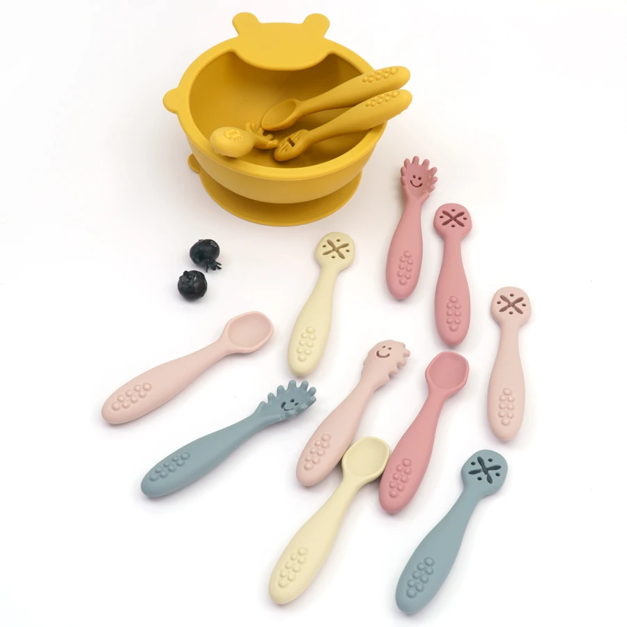 3PCS Kawaii Baby Lernen Löffel Utensilien Set Kleinkind Fütterung Geschirr Baby Silikon Beißring Spielzeug Training Besteck Baby Zeug