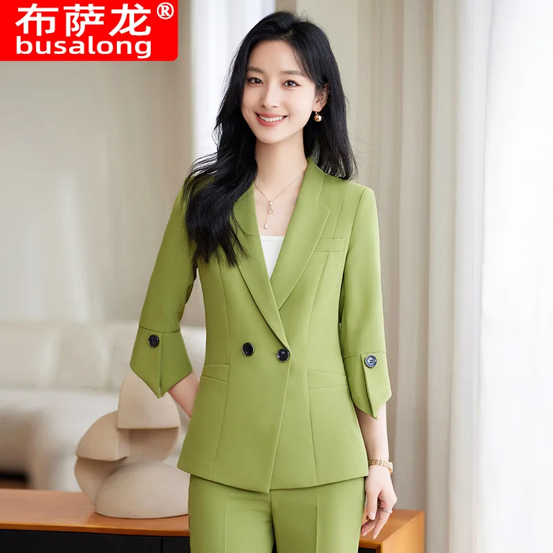 طقم بدلة أصفر جديد لربيع وصيف للنساء، ملابس رسمية احترافية أنيقة وأكمام ثلاثة أرباع، وبنطلون واسع