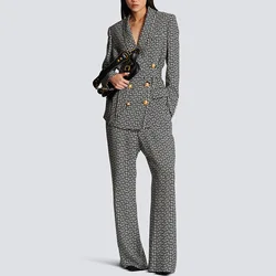 Women Fashion Pant Suit 2023 Autumn Winter Black Monogram Printed Shawl Collar Double Breasted Belted Blazer And Trouser 2 Piece