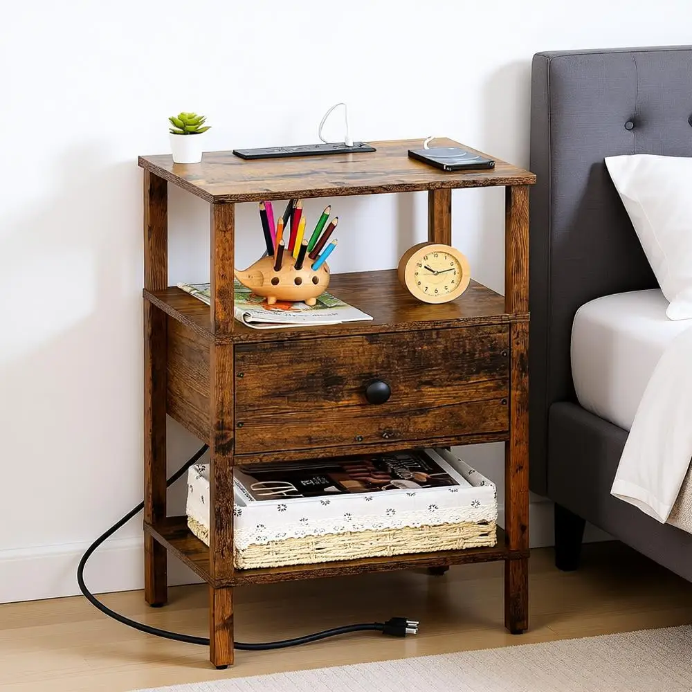 

Nightstand with Charging Station and USB Ports, 3-Tier Storage End Table, Wood Bedroom Table for Small Spaces, Living Room - Ret