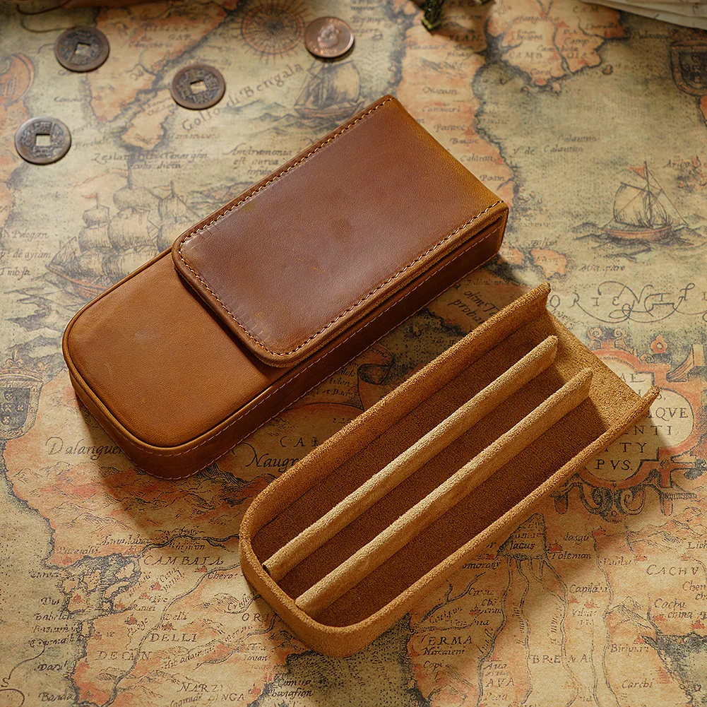 Genuine Leather 3 Slots Pen Case With Removable Pen Tray Holder Pencil Case Men Woman Girls Office School Pouch