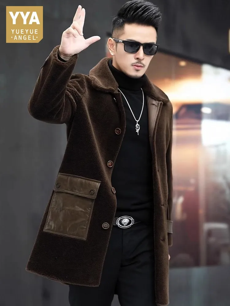 Winter Mens Business Work Thick Warm Real Sheep Fur Overcoat Spliced Pockets Mid Long Natural Wool Coat Casual Outwear Overcoat
