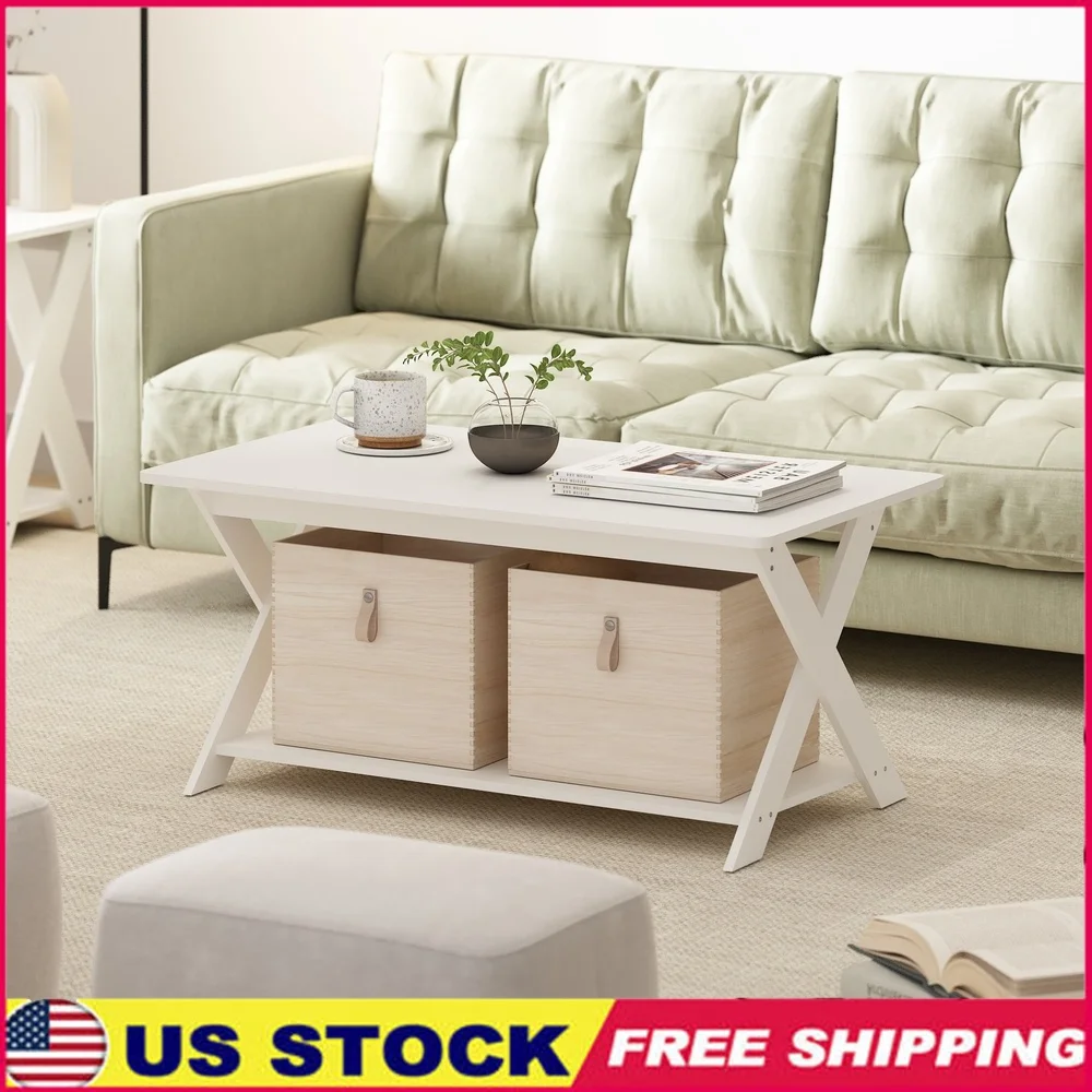 

Modern Criss-Cross Coffee Table with Storage Shelf Stylish Space Saving Design Durable Composite Wood Rounded Edge Safety Easy