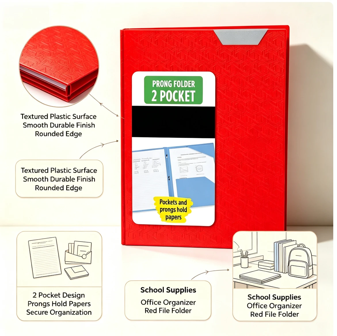 **2 Pocket Plastic Folder with Prongs, Red Document Organizer, Pockets and Prongs Hold Papers Securely, for School, Office, Homework, Class Notes and Letter-Size Paper Organization**