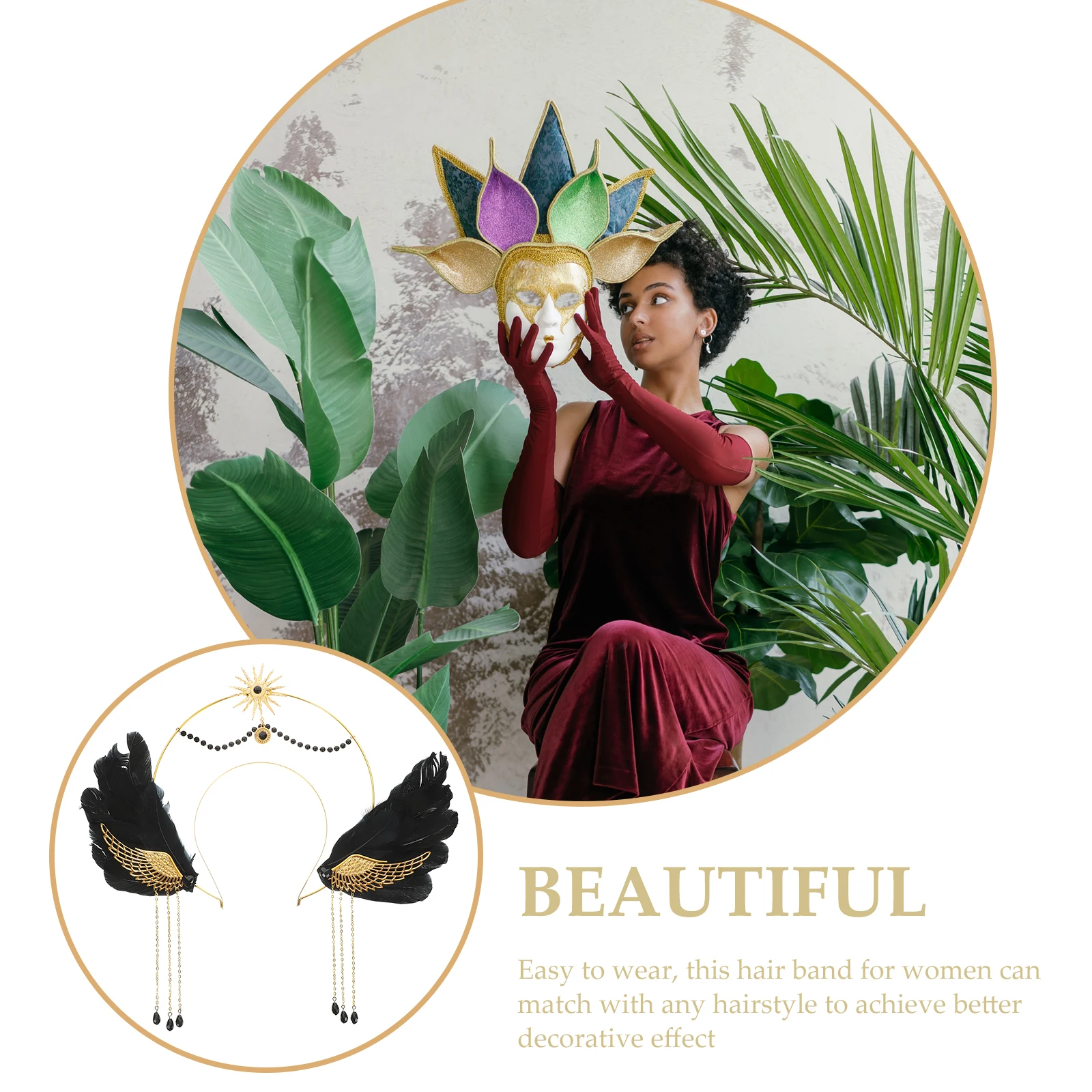 

Adult Women Crown Headband Gothic Plume Hair Band Halloween Carnival Cosplay Party Hair Band