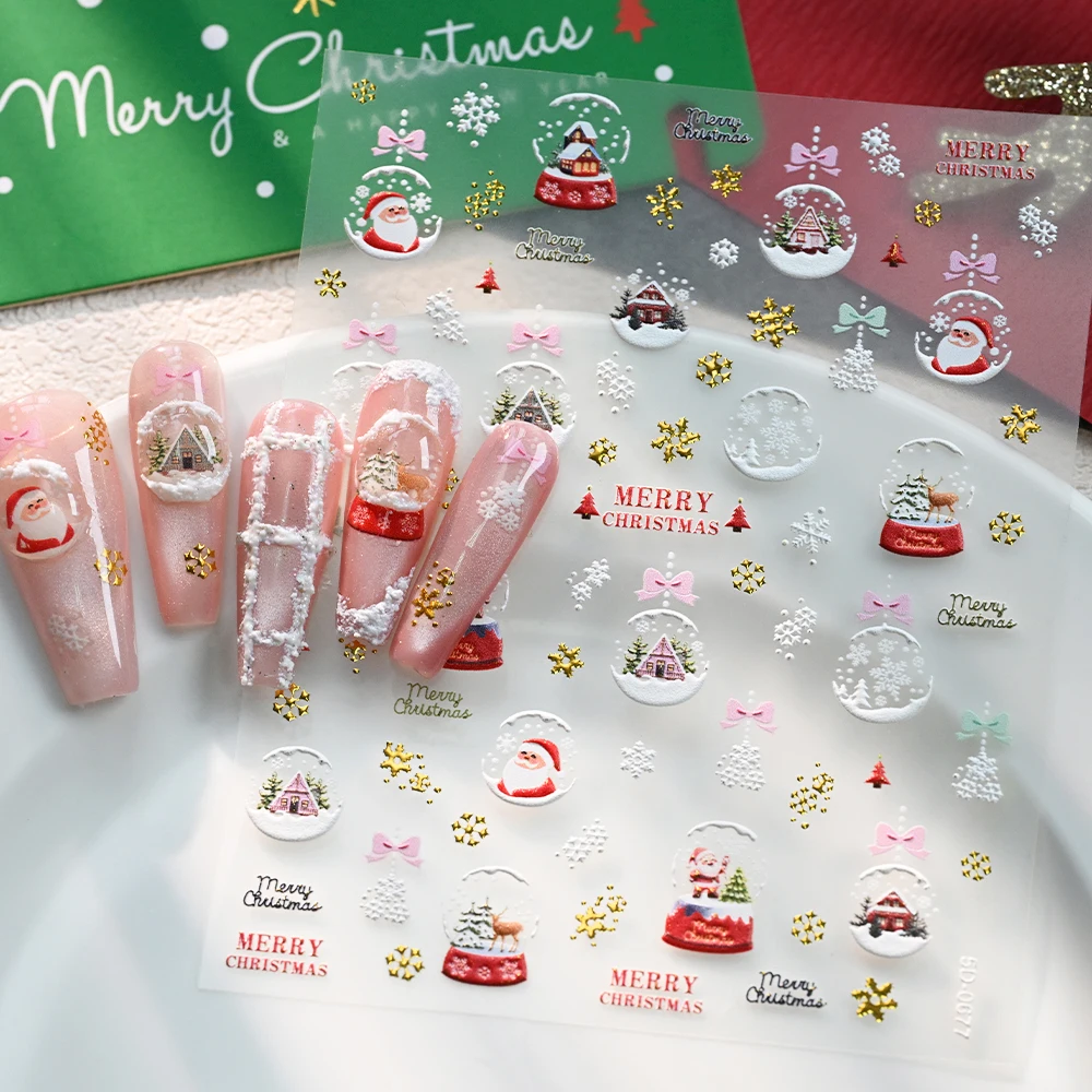 2 قطعة 5D تنقش عيد الميلاد مسمار ملصقات الشتاء الثلج كريستال الكرة سانتا كلوز مسمار مائي عيد الميلاد ذاتية اللصق مانيكير المنزلق