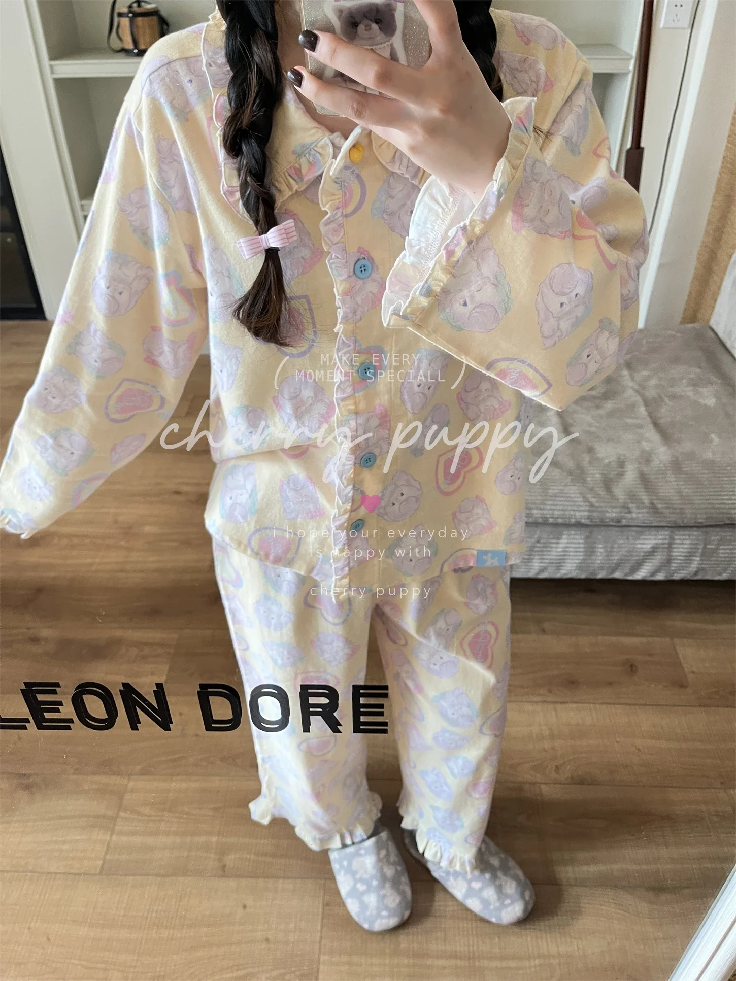 Cotton Long Sleeve Pajamas Cute Cartoon Yellow Korean Fashion Women's Long Sleeve Lapel Single Breast Homewear Spring New