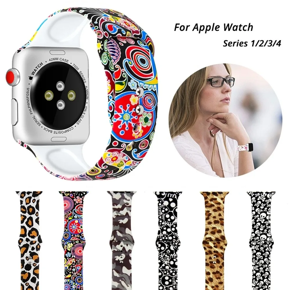 Sports Silicone Strap with Printing for Apple Watch 38 42 40 44mm Compatible for Iwatch Series 4 3 2 1