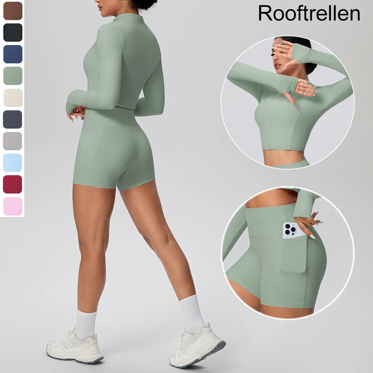 Rooftrellen Women Sports Gym Yoga Set High Strength Yoga Zipper Long Sleeves Solid Color Hip Push Up Fitness Pockets Shorts Set