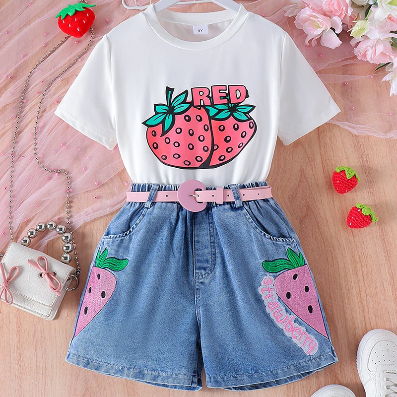 

Summer Teen Girl Clothes Korean Fashion Strawberry Print Short Sleeve Baby Tops+Denim Shorts+Belt Boutique Kids Clothing BC705