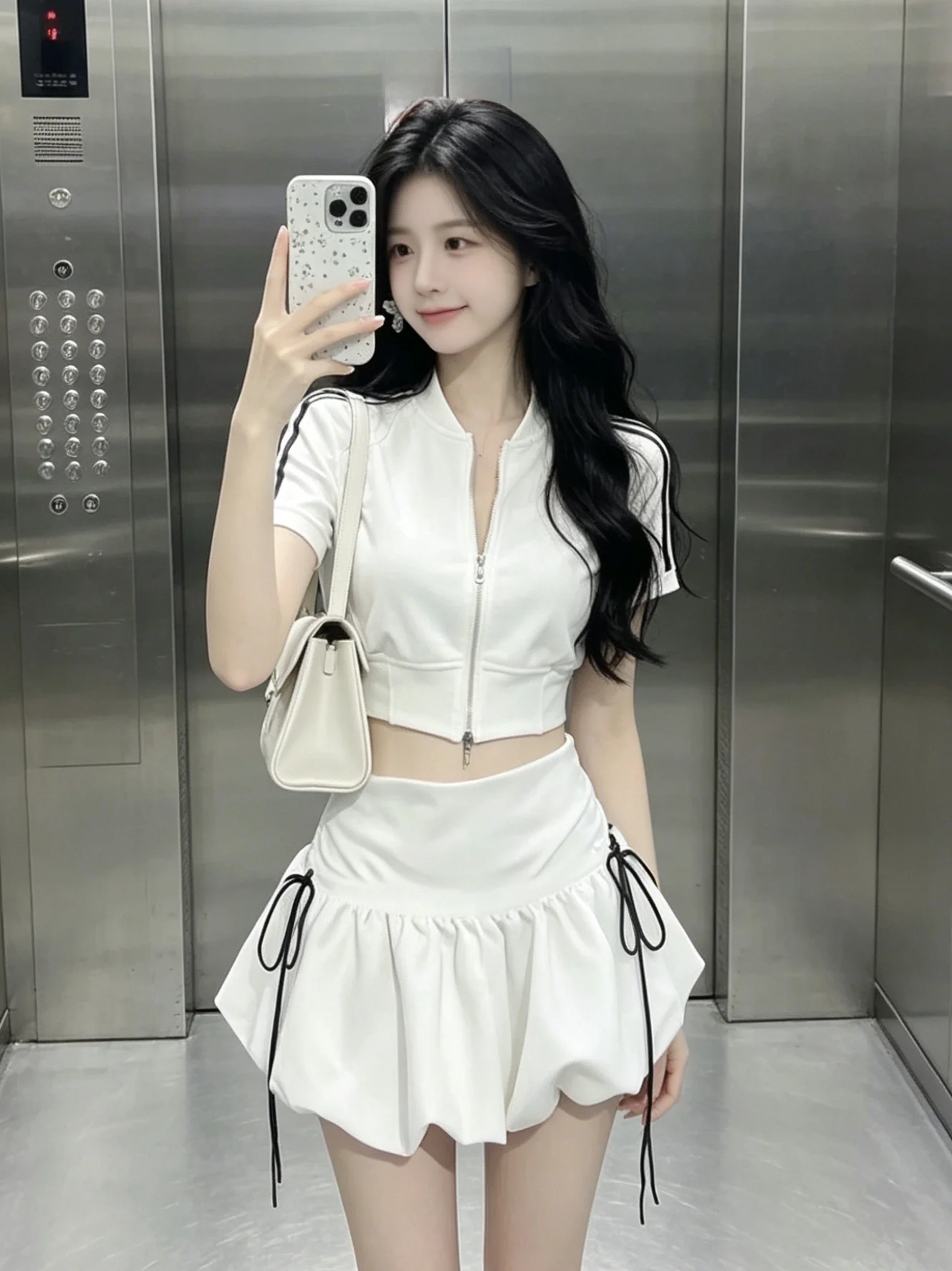 

Anti-Aging Summer Casual Sports Women's Short Top High Waist Flower Bud Short Skirt Two-Piece Set Fashionable Zipper Closure
