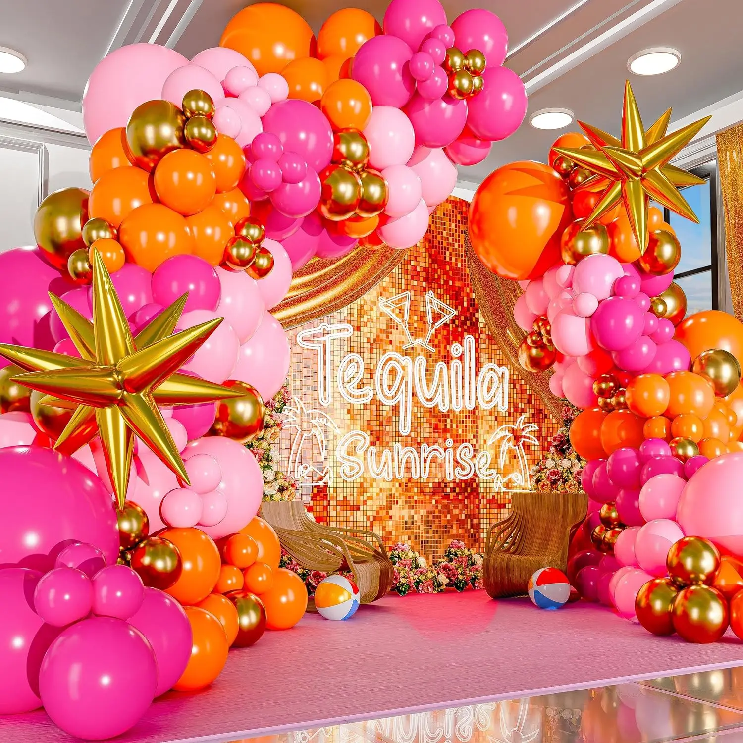 

123 шт., ярко-розовые и оранжевые воздушные шары, арочный комплект с золотыми воздушными шарами со звездами для свадебного душа, украшения для свадьбы, дня рождения