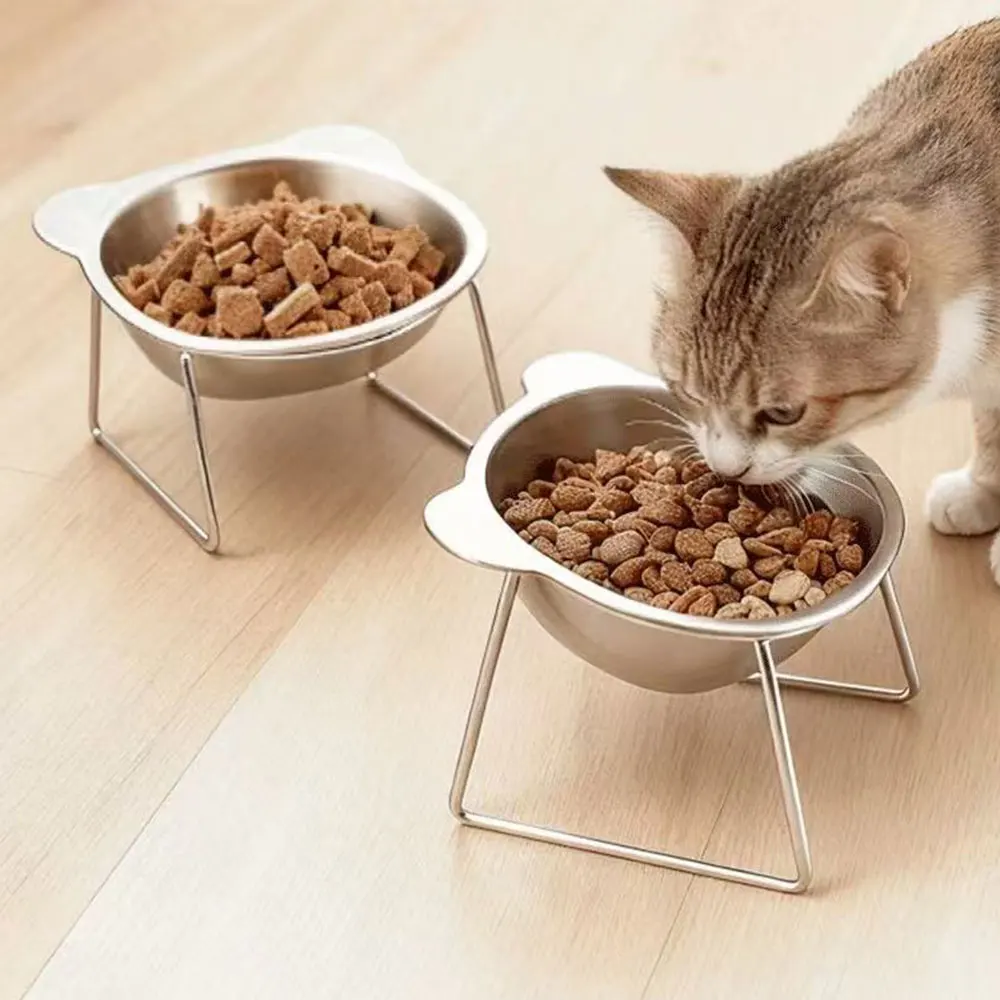 

304 Stainless Steel Cat Bowl With 15° Elevated Design Tilted For Puppy Cat Raised Tilted Neck Guard Cats Dogs Dual Use Feeder
