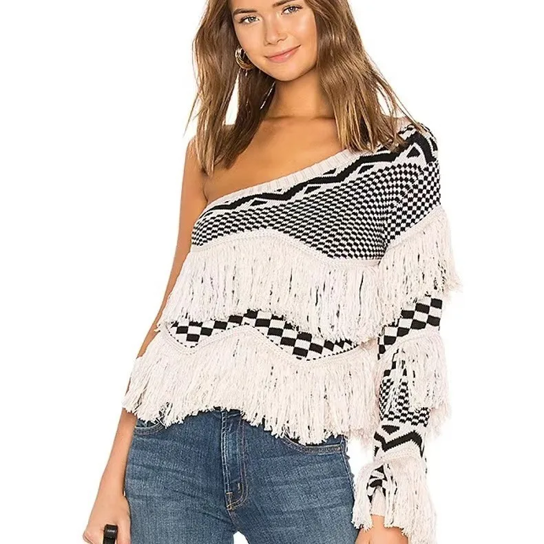 European and American Fashion Plaid Sexy Diagonal Neck Off-the-shoulder Patchwork Fringe Pullover Sweater Women's Spring/autumn