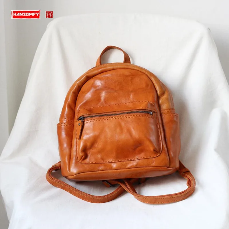 

Retro genuine leather women backpack folds washed vegetable tanned leather small travel backpack soft cowhide schoolbag female