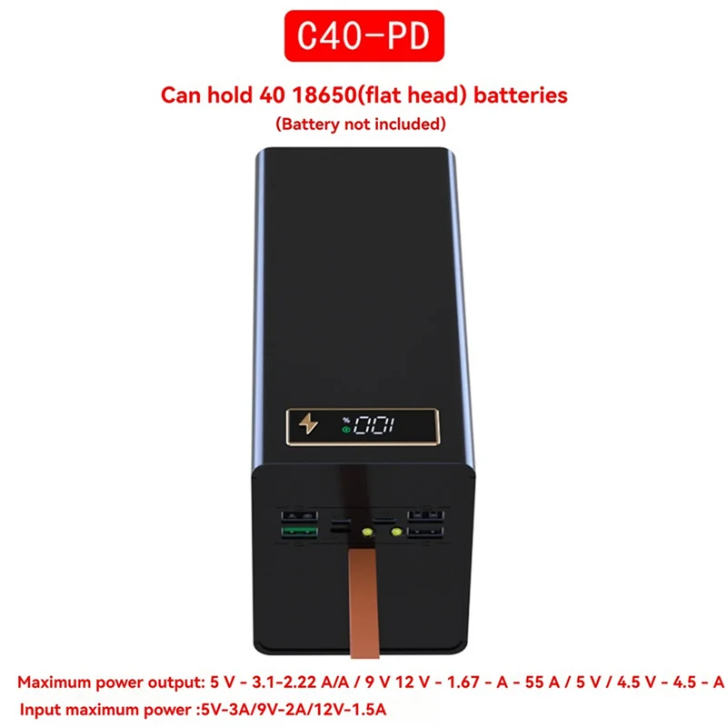 

ABRW-DIY Power Case Box 40X18650 Аккумуляторный блок со светодиодной подсветкой и усовершенствованными протоколами зарядки Съемный аккумуляторный чехол