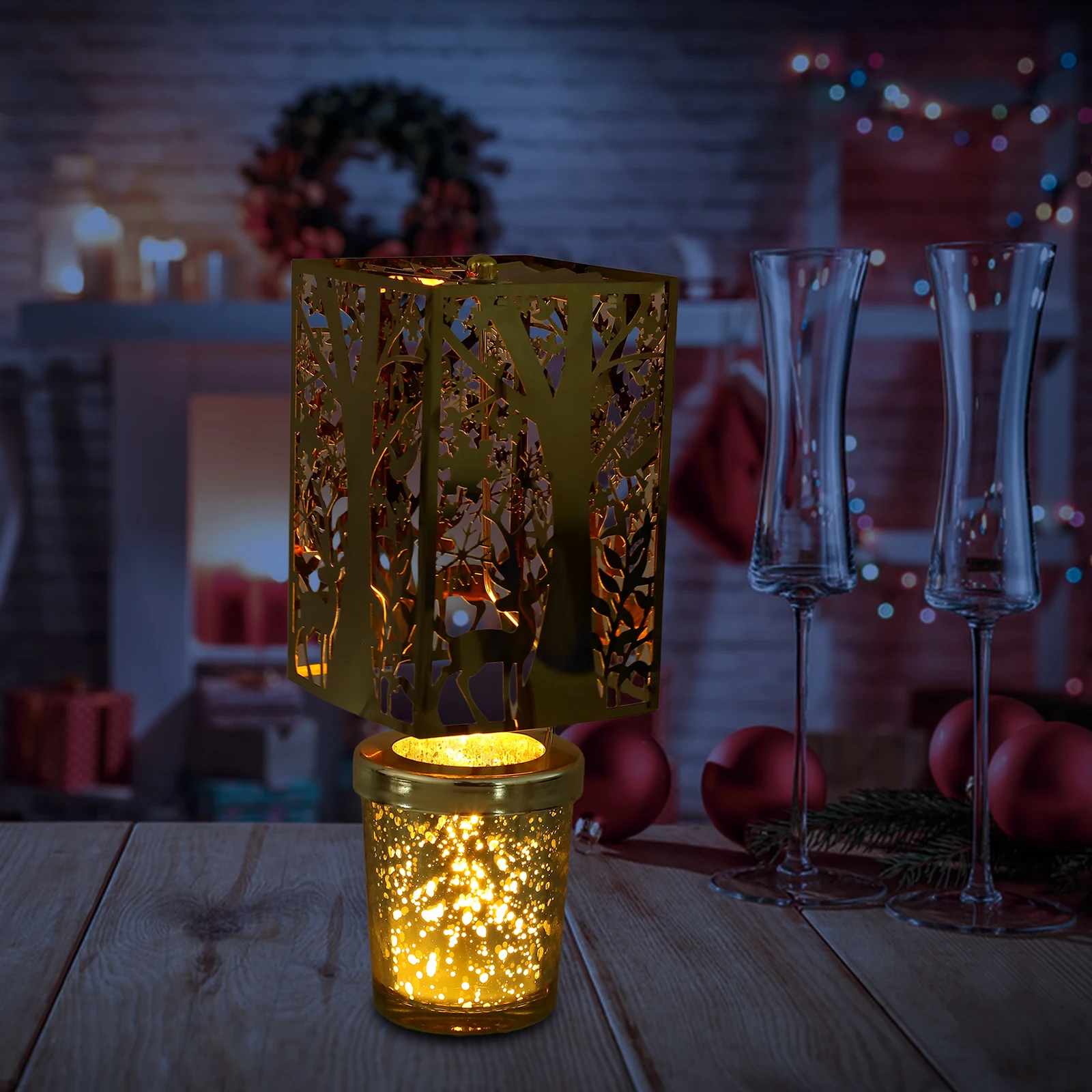 

Stunning Rotating Christmas Carousel Hollow Design Metal Spinner for Holiday Gathering Table Candles Decor Celebration
