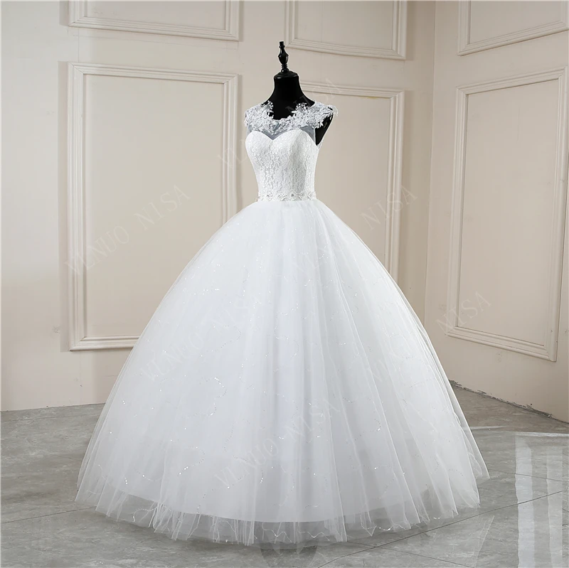 Y&m Novias Customized White O Neck Simple Wedding Dresses Pluse Size Vestido De Noiva Lace Embroidery Ball Gown Robe Mariage