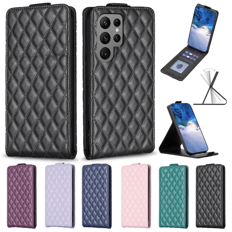 Skórzane etui na telefon z pionową klapką do Samsung Galaxy S24 S23 S22 S21 Plus Ultra S20 FE etui na karty Kickstand etui