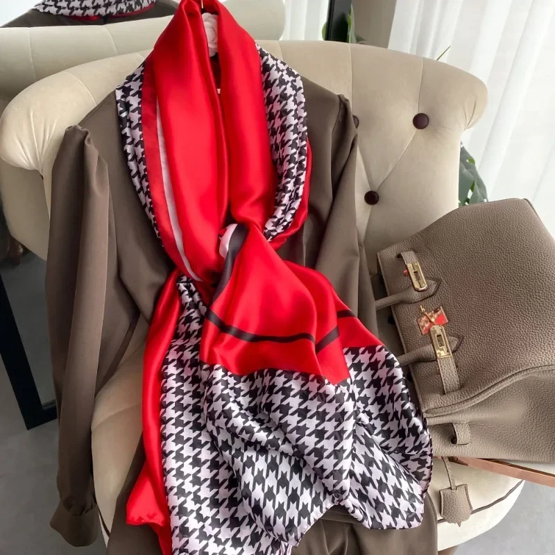 180*90cm Luxury Brand Spring Summer Autumn Women Clothing New Fashion Houndstooth Printed Silk Scarf Lady Popular Turba