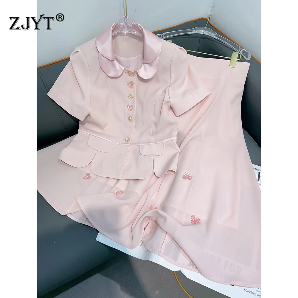

ZJYT Summer Elegant Lady Suits Women Short Sleeve Peter Pan Collar Top and Skirt Two Piece Sets Sweet Casual Office Outfit 2025