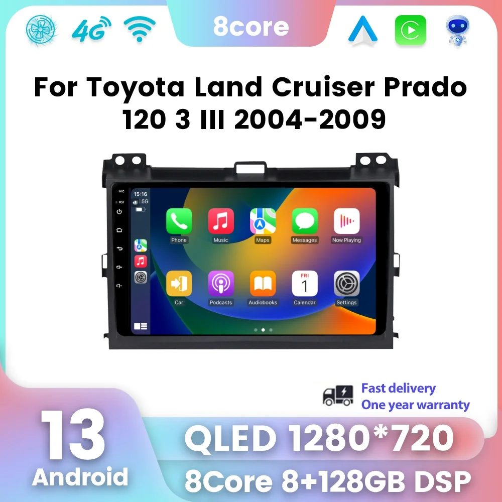 

2Din QLED Android 13 Car Radio For Toyota Land Cruiser Prado 120 LC120 2003-2009 Stereo Multimedia Video Player Carplay Auto GPS