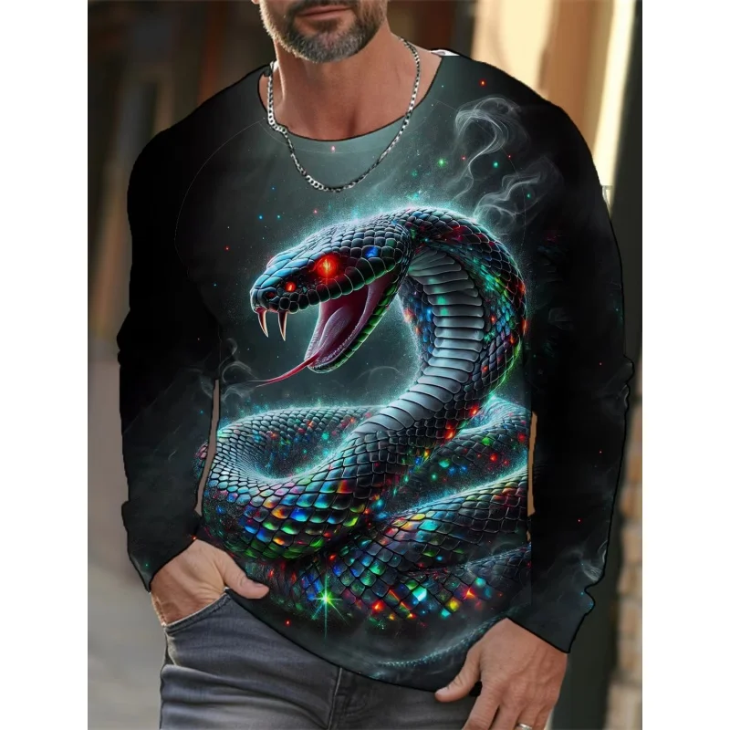 Colorful Beautiful Snake Pattern T-Shirt For Men Cool Animal 3D Printed T Shirts Autumn Casual Loose O-Neck Tops Long Sleeve Tee