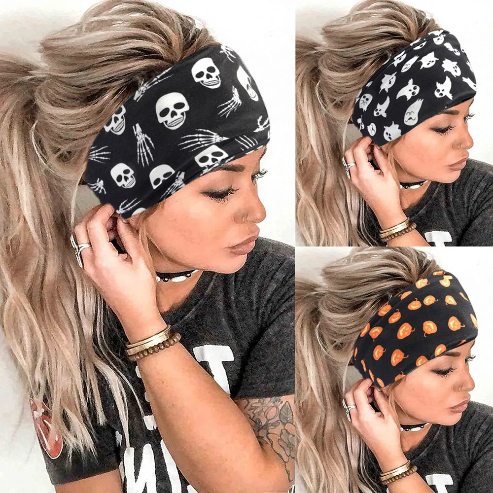 Halloween Skull Pumpkin Wide Knotted Headband Bandana Women Sports Yoga Turban Christmas Print Stretch Hairband Hair Accessories