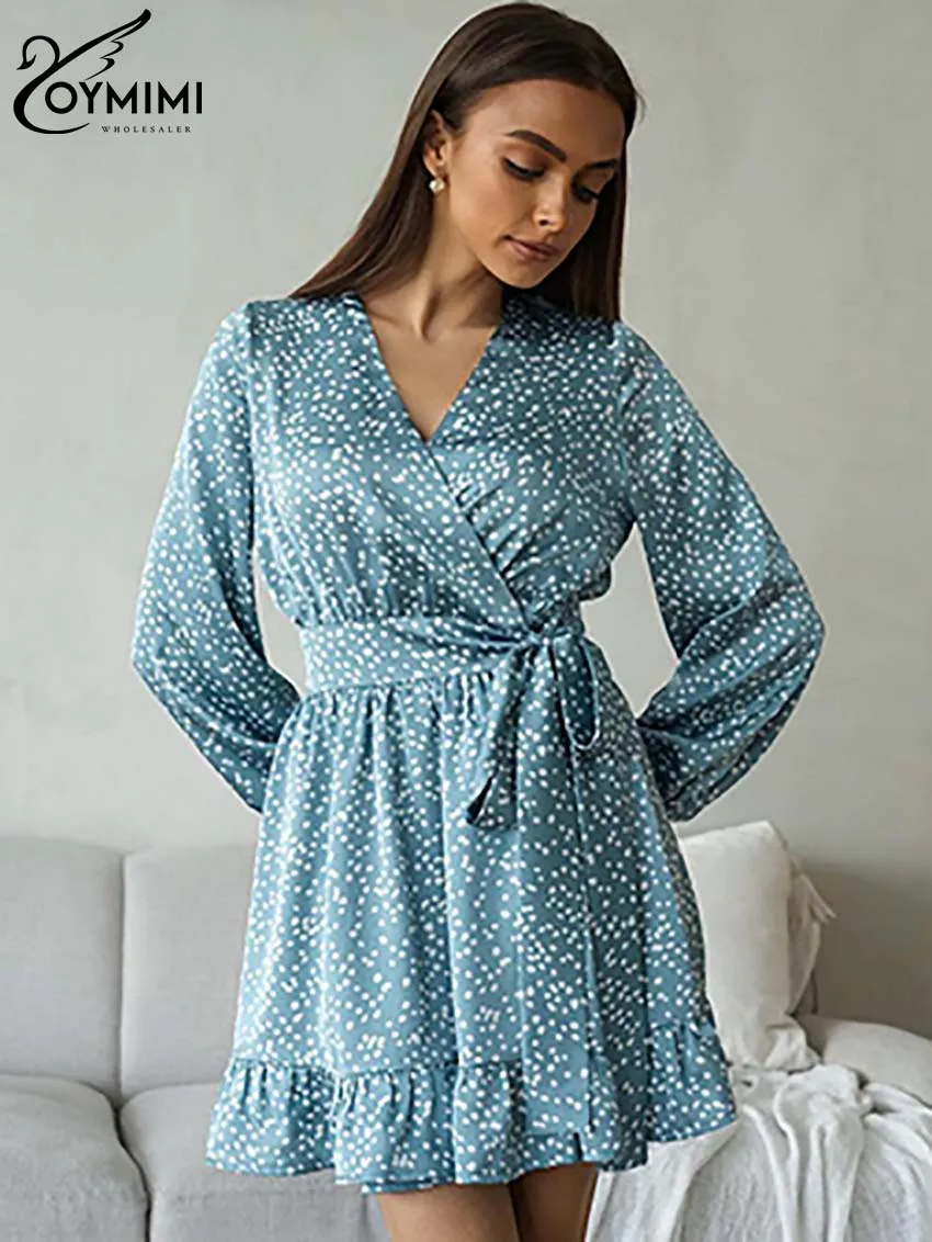 Oymimi moda azul impressão vestido feminino elegante cetim com decote em v manga longa vestidos de renda casual novo plissado mni vestidos femininos