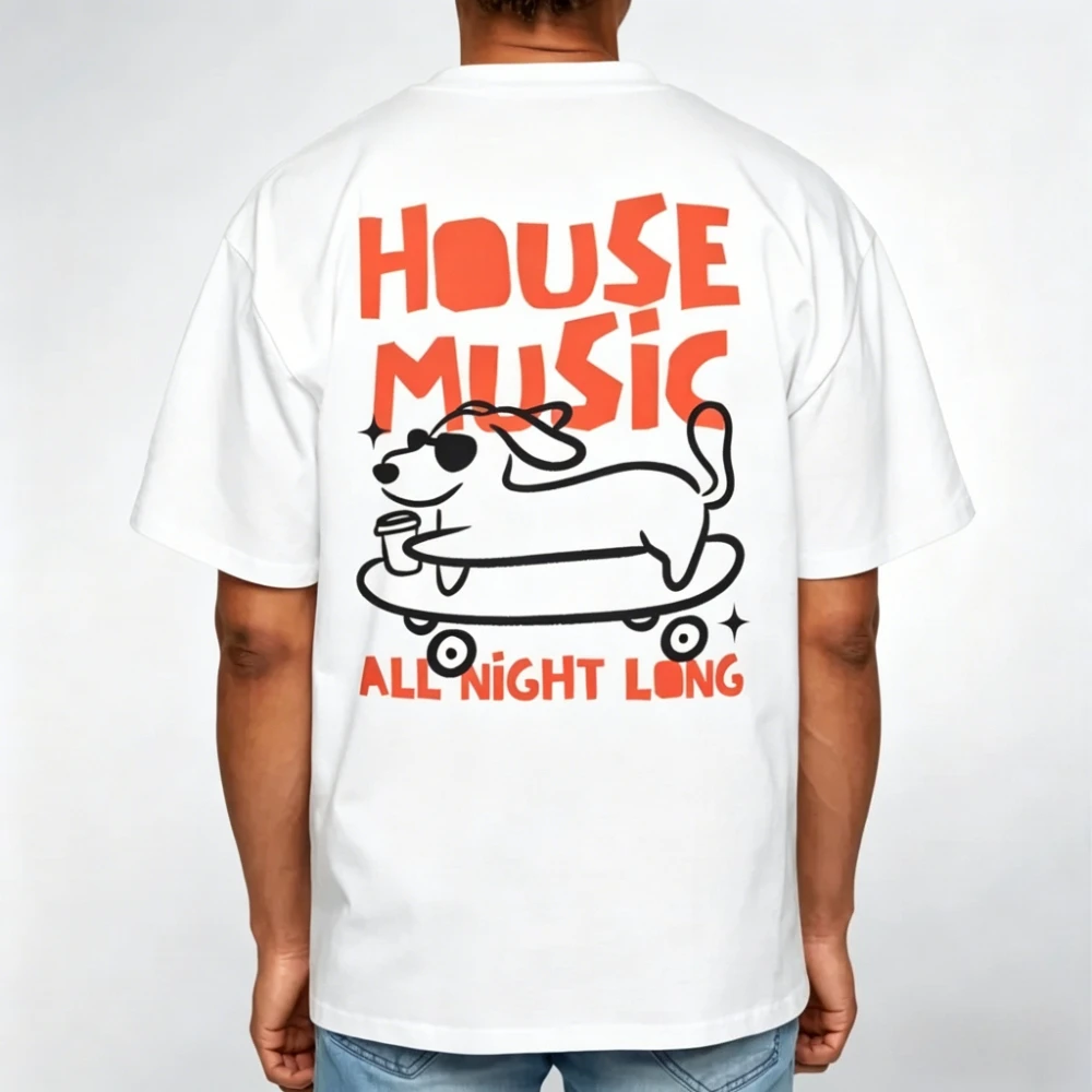 House Music All Night Long Grafik-T-Shirt für Herren, Baumwolle, kurzärmelig, Skateboarden, Dackel, Hundeliebhaber, modisch, lässig, tägliches Outfit