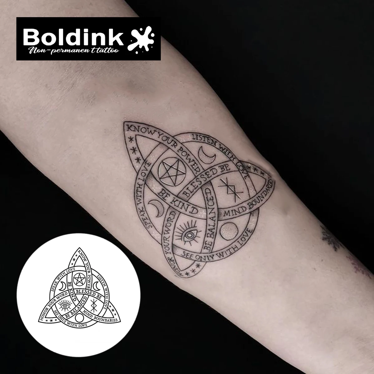 وشم مؤقت Boldink Sacred Triquetra، آخر حتى 15 يومًا، ملصق سحري شبه دائم مقاوم للماء بتقنية جديدة.