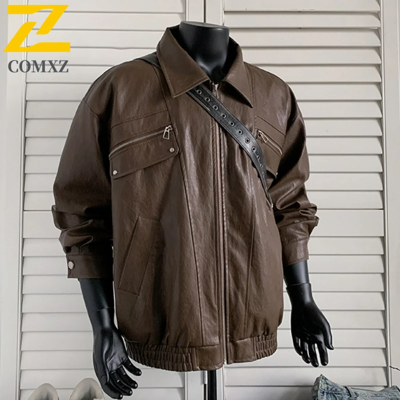 

COMXZ Male Motorcycle Leather Jacket Casual Hiking Breathable Coat Classics Turndown Collar Outdoor Multi Functional Jackets