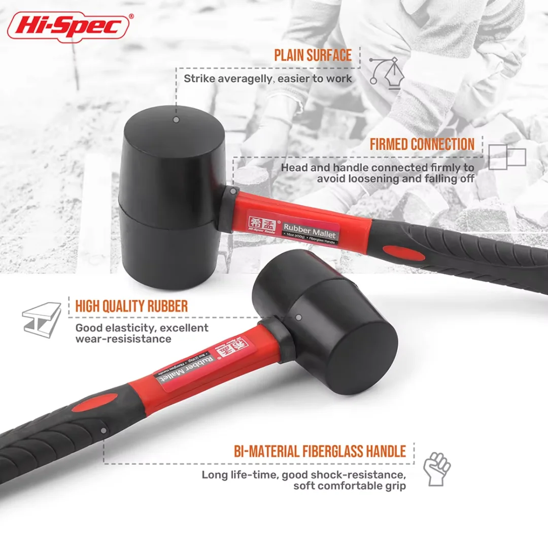 Heavy-Duty Rubber Hammer Solid Head Mallet with Insulated Anti-Slip Grip 8/16/24 Oz for DIY Furniture Assembly Home Repair