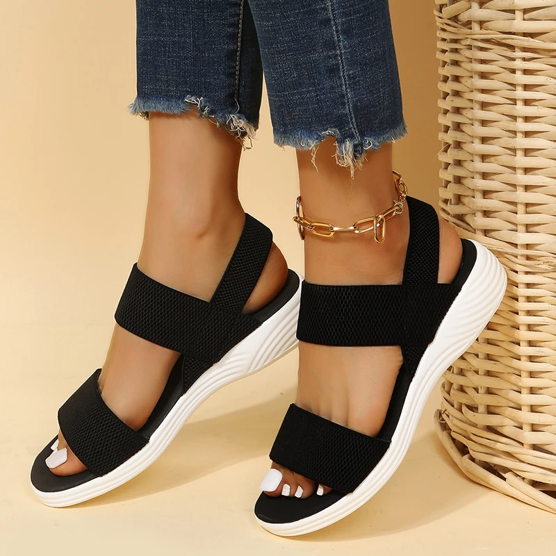 Sandal wanita, rajut elastis, kain Wedge, Slip On, ringan, ukuran besar, nyaman, musim panas