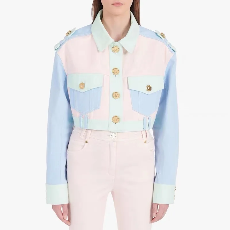 

S-XL High Quality New Fashion Denim Fabric Colorblock B Button Loose Short Long Sleeve Casual Good Matching Women's Jacket Coat