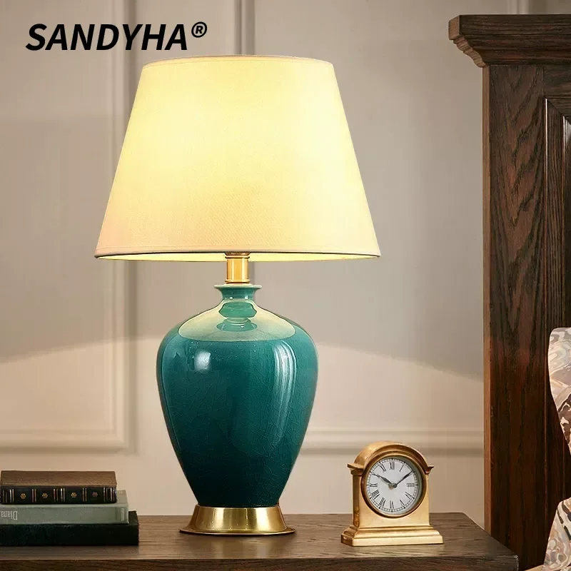 SANDYHA American Ceramic Floor Lamp Bedroom Bedside Led Lights Living Room Decoration Study Lighting Fixtures Ice Crack Design