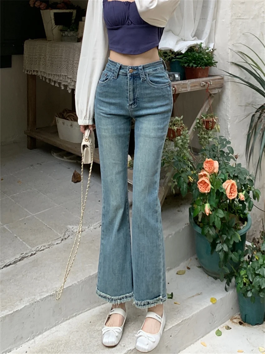 PLAMTEE wysoka rozciągliwość Flare spodnie damskie letnie Denim 2023 Streetwear Jeans Tassel szykowna, Slim-Fit odzież do pracy nowe biuro Lady