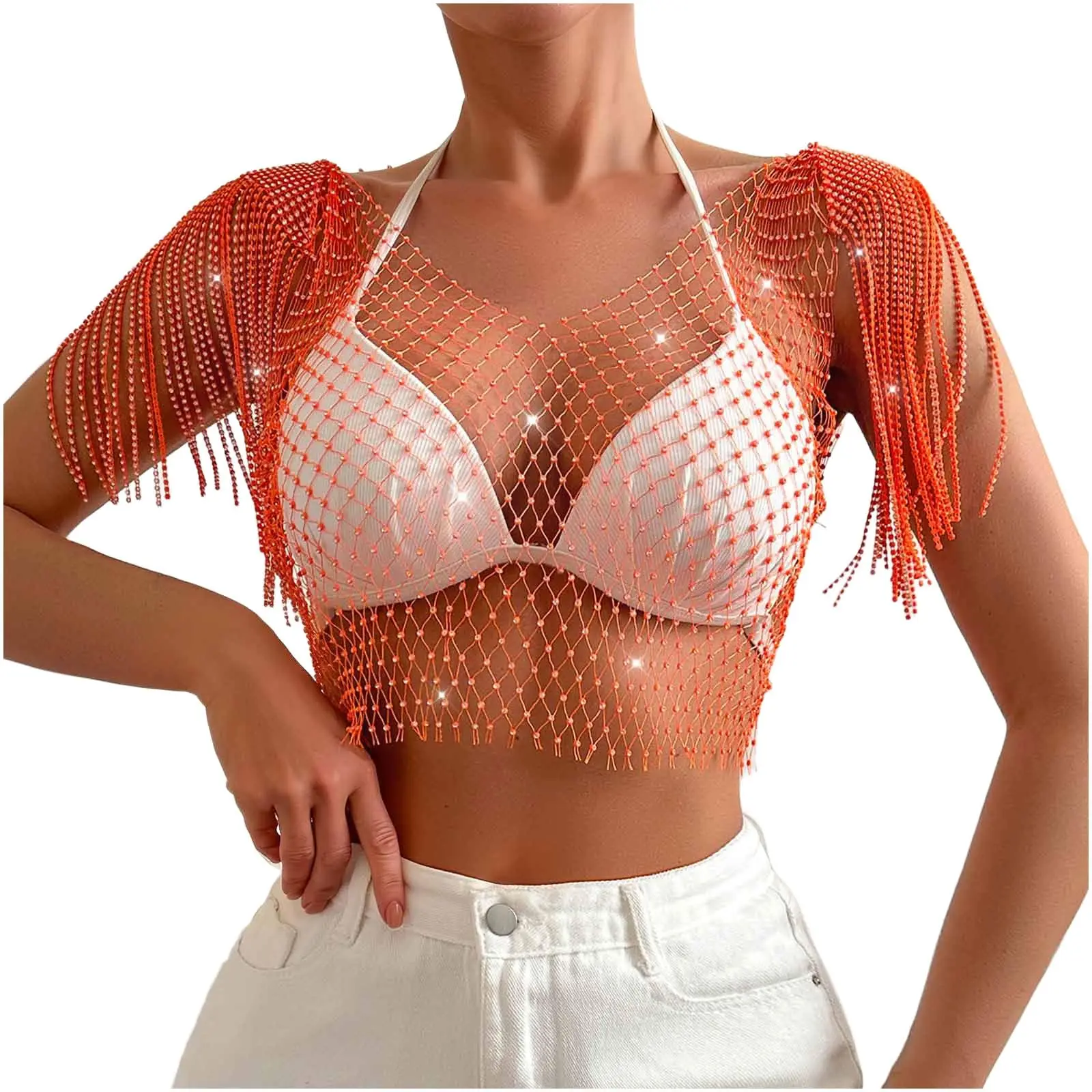 

Женский жилет с короткими рукавами и стразами, сексуальный ажурный топ, сверкающий ромбовидный сетчатый топ без рукавов, легкий и удобный
