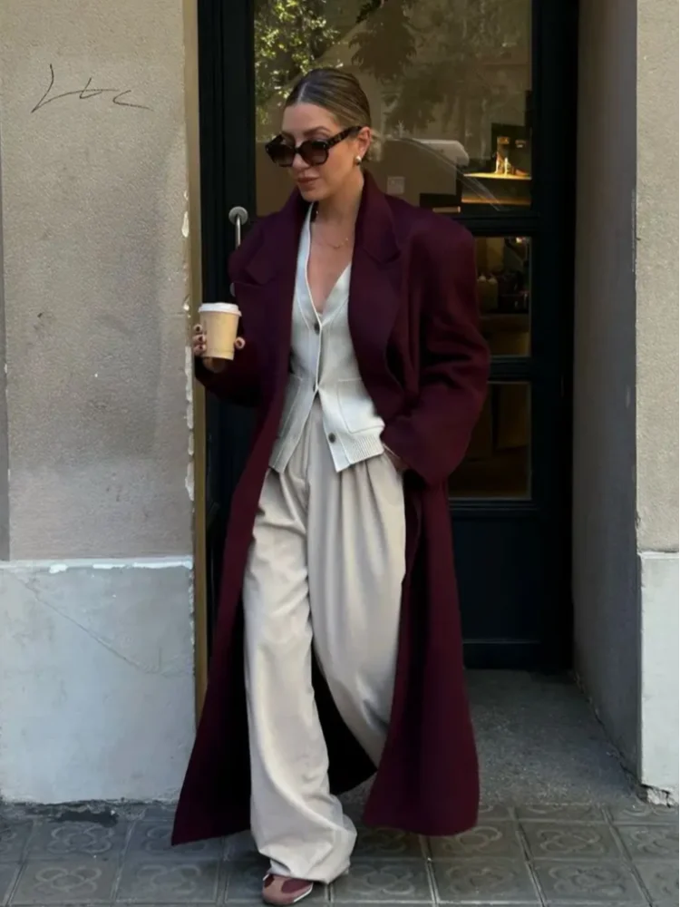 Chic Burgundy Oversized Lapel Overcoat For Women Elegant Double Breasted Full Sleeve Long Coat 2024 Autumn Female Casual Outwear