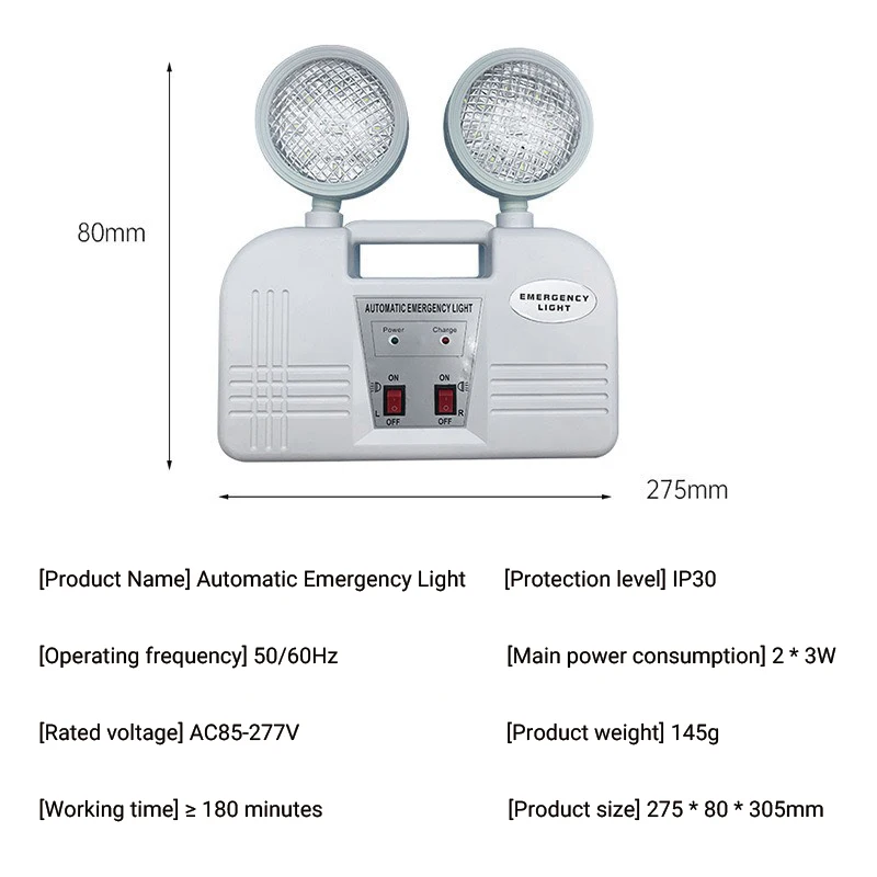 Double Headed Emergency Light LED Charging Emergency Lamp IP30 Fire Exit Indicator Light 3 Hour Emergency Lighting AC85-265V