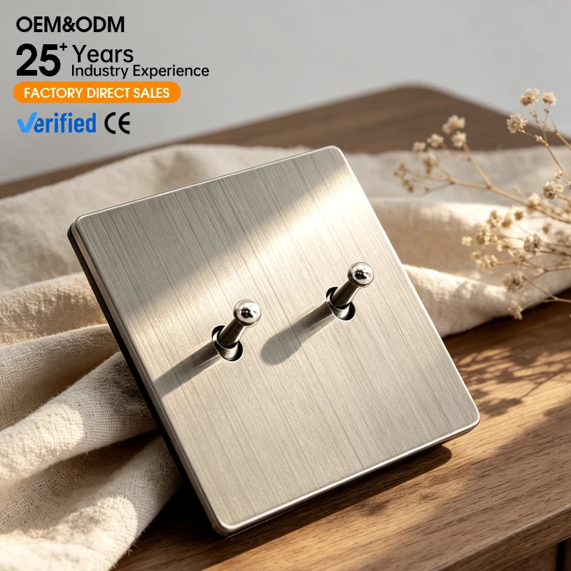 Vintage Flap Wall Switch 1-4 Gang 2-Gang EU Wall Socket Silver Grey Brushed Stainless Steel Panel With USB Charger Port