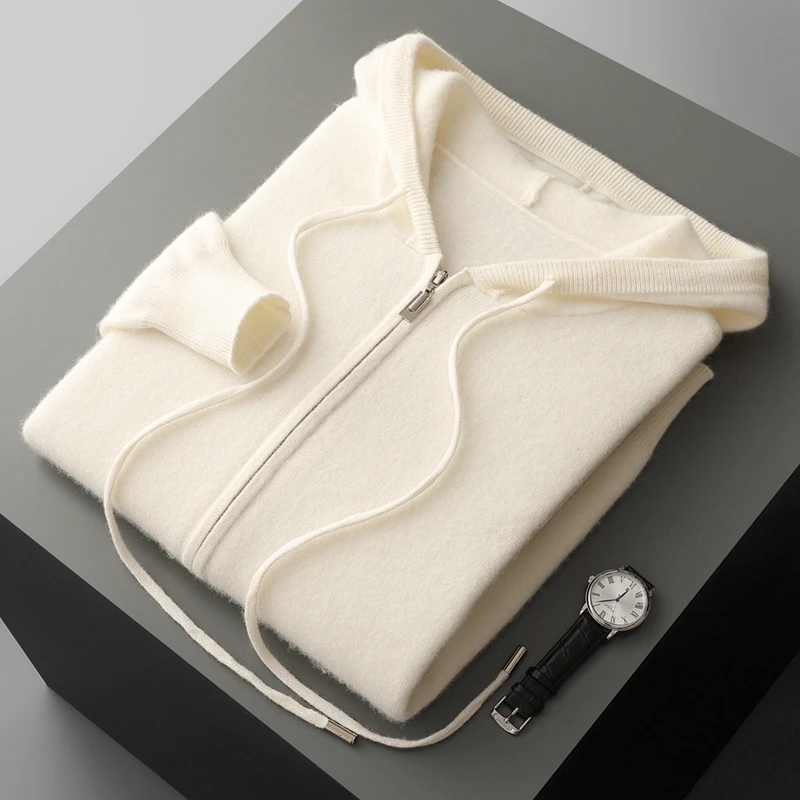 Autumn And Winter Hooded Wool Cardigan Men's Sweater Loose Casual Knitted Coat Jacket With Pocket Zipper